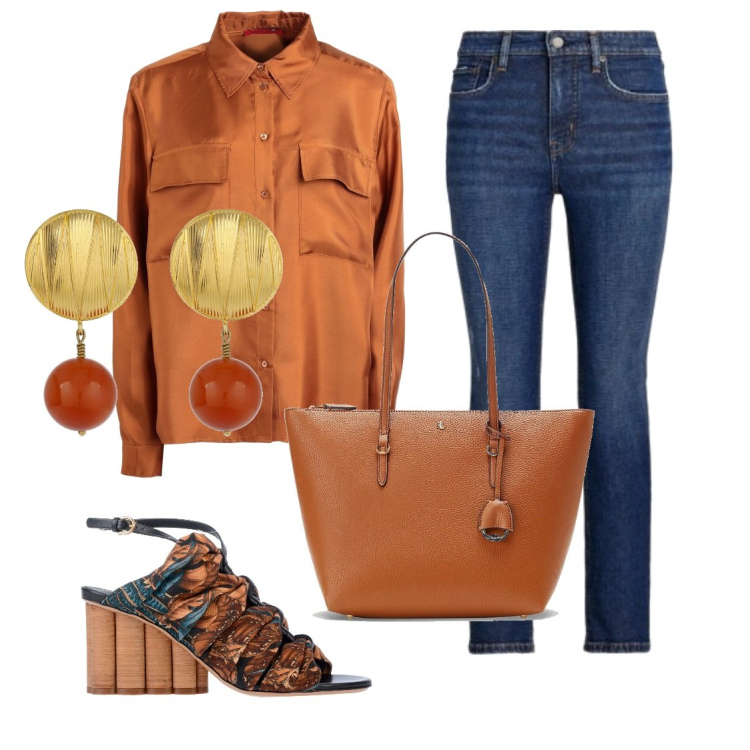 Outfit donna - La camicia leggera che scivola. Stile Casual chic per Tutti i giorni. Abbinamento con camicie, sandali in pelle, borse tote, jeans dritti, orecchini.