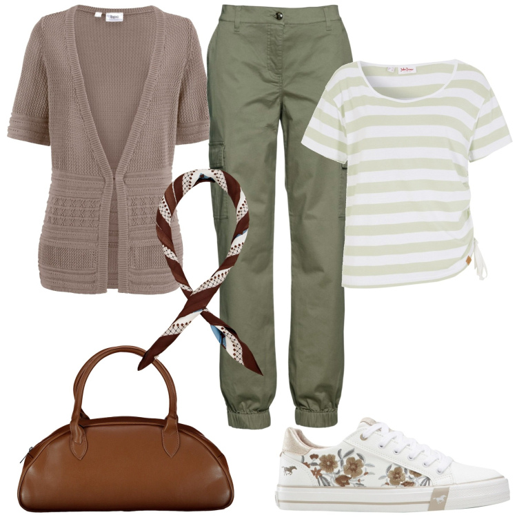 Outfit donna - Per tutti i giorni. Stile Casual chic per Tutti i giorni. Abbinamento con pantaloni cargo, cardigans, sneakers, maglieria, foulard, borse a spalla.