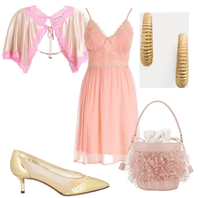 Outfit donna - Compleanno Peach Fuzz. Stile Trendy per Cerimonia. Abbinamento con blazer, décolleté, borse a secchiello, vestiti senza maniche, orecchini.