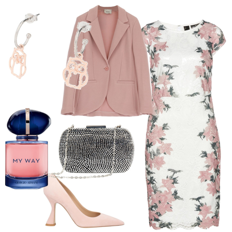 Outfit donna - Cipria forever. Stile Bon Ton per Cerimonia. Abbinamento con vestiti, décolleté, orecchini, profumi, clutch, blazer.