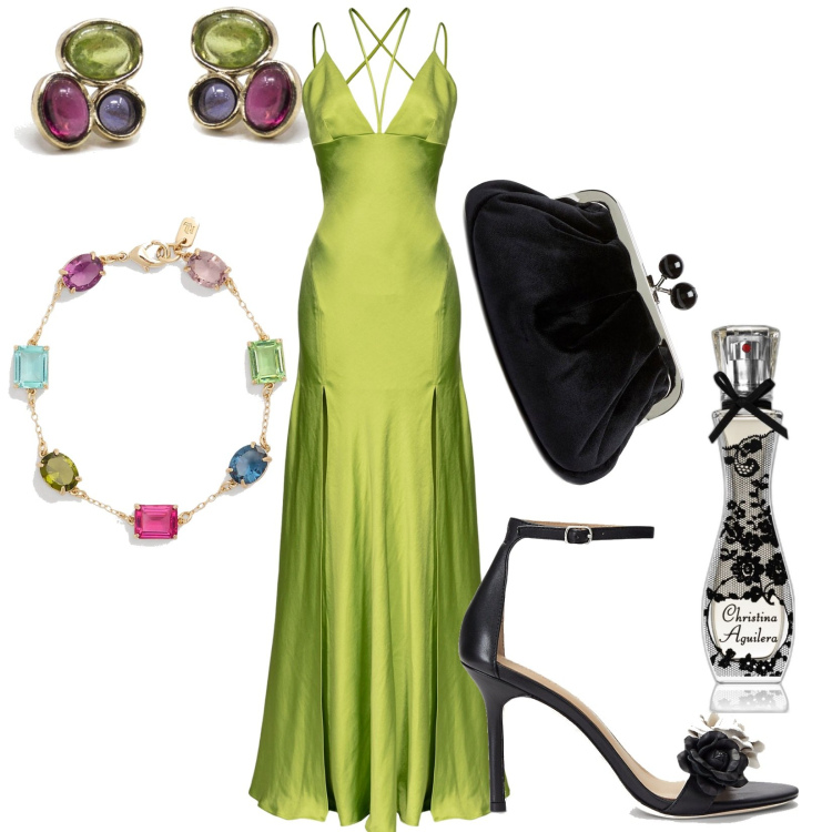 Outfit donna - Gioiello multicolor rinnova il look. Stile Glamour per Cerimonia. Abbinamento con orecchini, profumi, vestiti lunghi, sandali in pelle, braccialetti, clutch.
