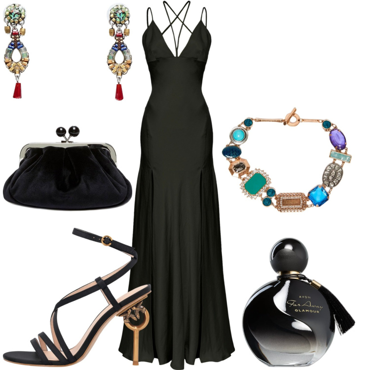 Outfit donna - L\'abito nero fa risaltare i gioielli. Stile Glamour per Serata fuori. Abbinamento con orecchini, profumi, vestiti lunghi, sandali in pelle, collane, clutch.