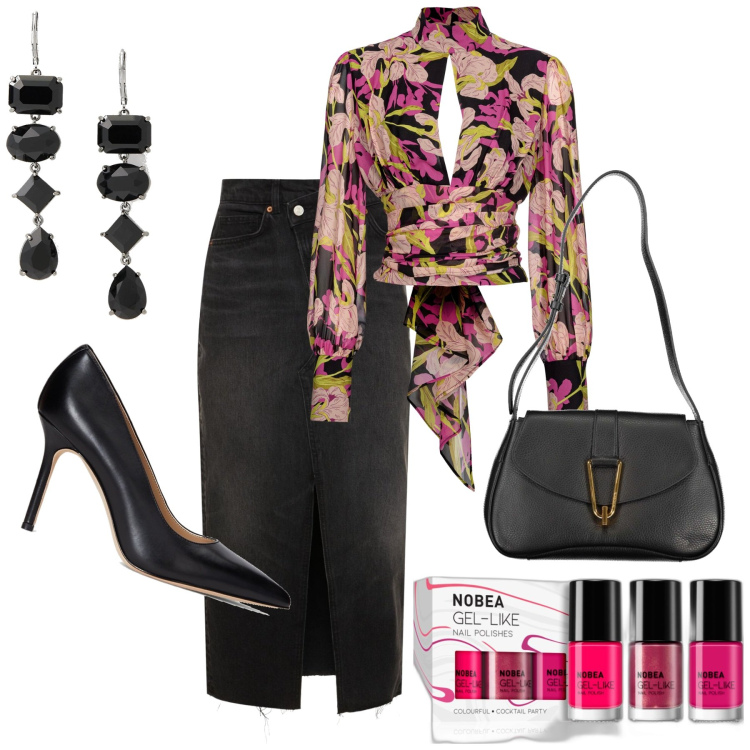 Outfit donna - Spacco e scollatura. Stile Sexy per Serata fuori. Abbinamento con smalti, bluse, orecchini, décolleté, gonne, borse a tracolla.