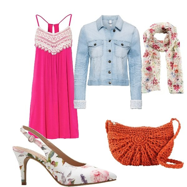 Outfit donna - primavera bonprix. Stile Romantica per Tutti i giorni. Abbinamento con foulard, blazer, vestiti, borse a tracolla, décolleté.