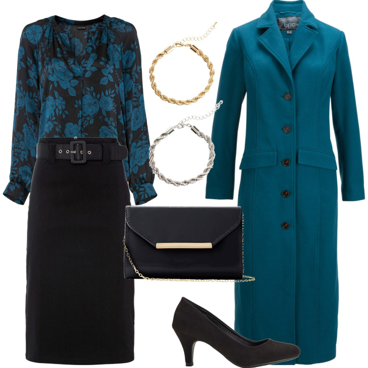 Outfit donna - La camicia floreale. Stile Chic per Serata fuori. Abbinamento con décolleté, cappotti, tuniche, gonne longuette, pochette, braccialetti.