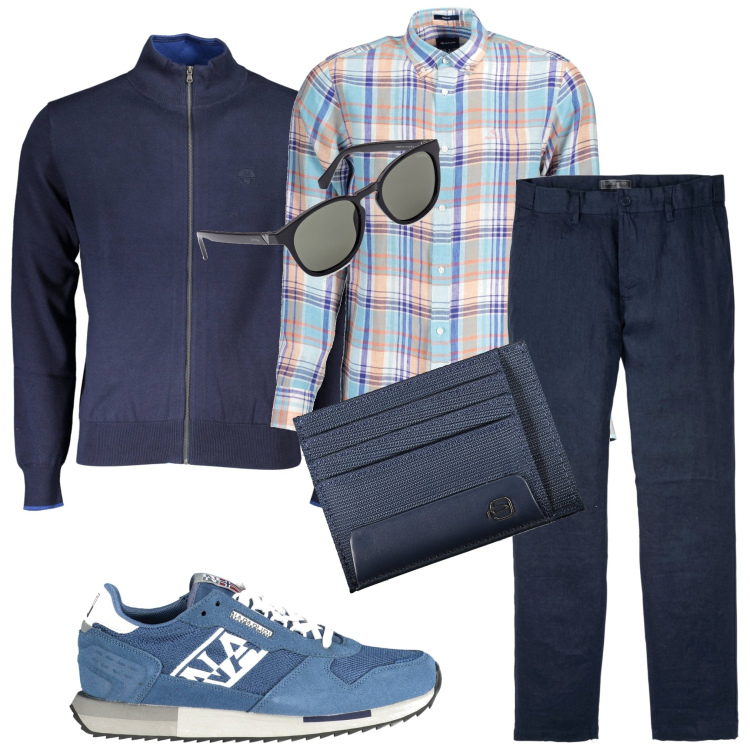 Outfit uomo - Pantalone blu. Stile Casual per Tutti i giorni. Abbinamento con pantaloni, cardigans, portafogli, occhiali da sole, camicie, scarpe sportive.