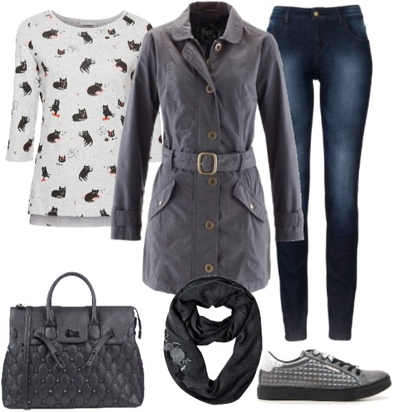 Outfit donna - Basic #16565. Stile Basic per Scuola/Università. Abbinamento con jeans skinny, trench, borsa a mano maxi con borchie e zip interno foderato in pelle sintetica tinta unita, maglia a maniche lunghe grigio, sneakers sport, sciarpa taglia unica grigio e nero e argento.