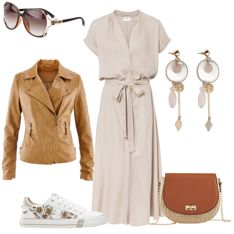 Outfit donna - Sneakers con design floreale. Stile Casual per Tutti i giorni. Abbinamento con vestiti chemisier, occhiali da sole, orecchini, borse a tracolla, blazer, sneakers.