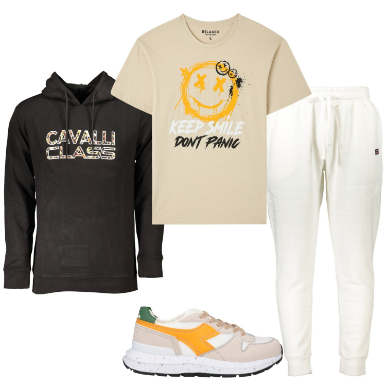 Outfit uomo - Keep smile. Stile Casual per Tutti i giorni. Abbinamento con sneakers, t-shirt, pantaloni, felpe con cappuccio.
