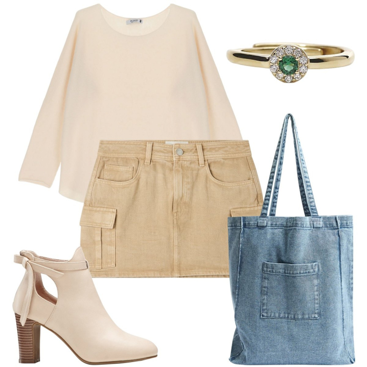 Outfit donna - La shopper in denim. Stile Casual chic per Tutti i giorni. Abbinamento con stivaletti, minigonne, shopping bag, anelli, maglieria.