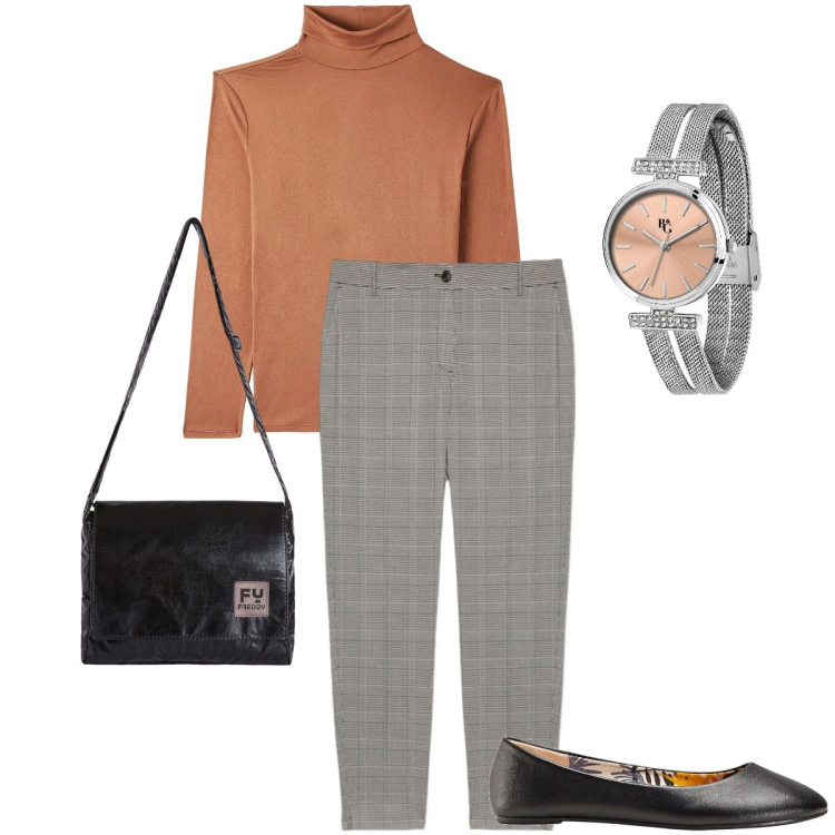 Outfit donna - Ancora la dolcevita. Stile Bon Ton per Ufficio. Abbinamento con ballerine, orologi, t-shirt, borse a tracolla, pantaloni.