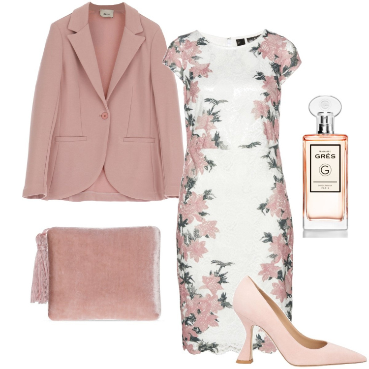 Outfit donna - Cerimonia delicata. Stile Romantica per Cerimonia. Abbinamento con vestiti, décolleté, profumi, blazer, pochette.