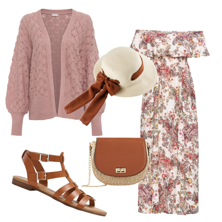 Outfit donna - Gita in campagna. Stile Boho per Tutti i giorni. Abbinamento con cardigans, vestiti corti, cappelli, borse a tracolla, sandali.