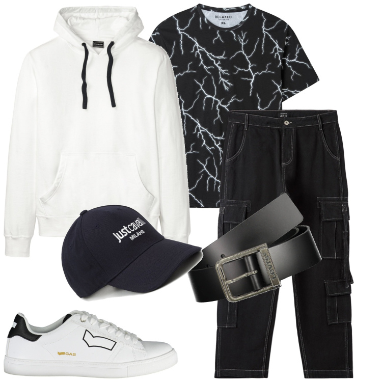 Outfit uomo - T-shirt sportiva. Stile Casual per Tutti i giorni. Abbinamento con felpe con cappuccio, t-shirt, pantaloni cargo, cappelli con visiera, scarpe sportive, cinture.