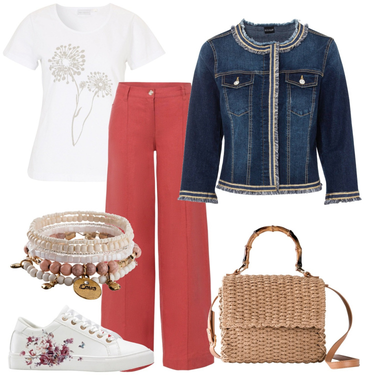 Outfit donna - Pasqua con i tuoi. Stile Casual per Tutti i giorni. Abbinamento con pantaloni a palazzo, blazer, t-shirt, sneakers, braccialetti, borse a mano.