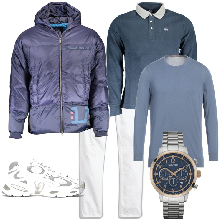 Outfit uomo - Week end fuori porta. Stile Casual per Tutti i giorni. Abbinamento con pullovers, orologi, jeans, sneakers, piumini, polo.