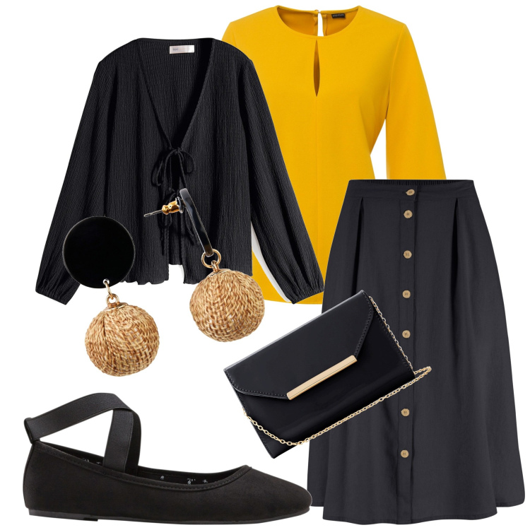 Outfit donna - Giallo sole. Stile Casual chic per Serata fuori. Abbinamento con gonne longuette, ballerine, orecchini, bluse, cardigans, pochette.