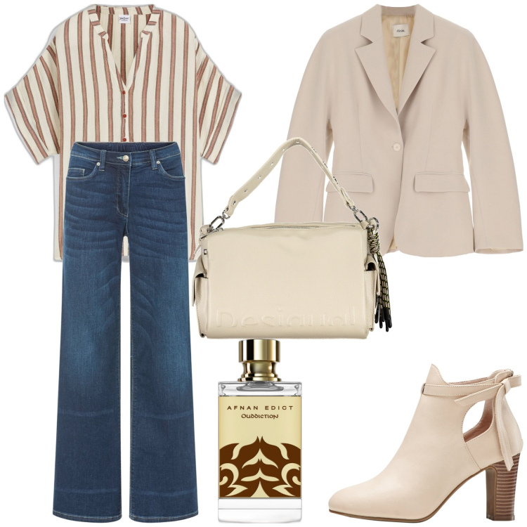 Outfit donna - Aprile. Stile Casual per Ufficio. Abbinamento con jeans, stivaletti, camicie a manica corta, profumi, blazer, borse a spalla.