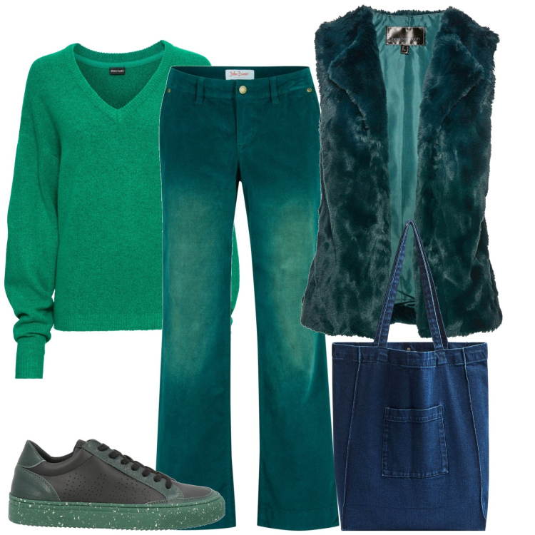 Outfit donna - Total look #1844687. Stile Basic per Tutti i giorni. Abbinamento con pantaloni, maglieria, gilet, sneakers, shopping bag.