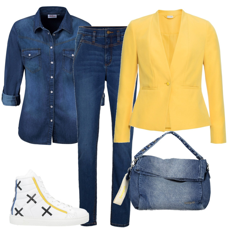 Outfit donna - Total look #1844689. Stile Basic per Tutti i giorni. Abbinamento con blazer, camicie, jeans skinny, sneakers alte, borse a spalla.