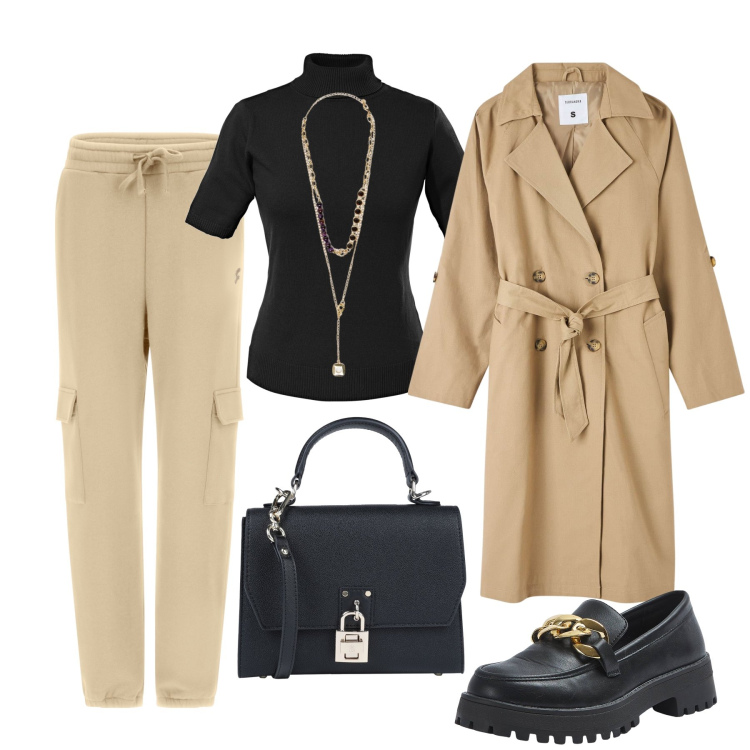 Outfit donna - Trench in primavera. Stile Basic per Tutti i giorni. Abbinamento con borse a mano, maglieria, mocassini, trench, pantaloni cargo, collane.