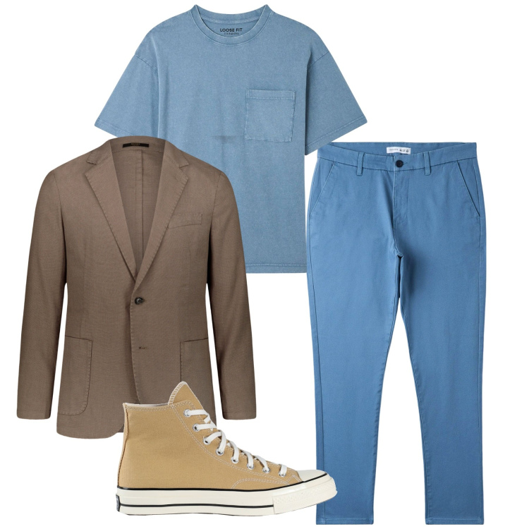 Outfit uomo - Total look. Stile Casual per Tutti i giorni. Abbinamento con sneakers alte, t-shirt, pantaloni chino, giacche.