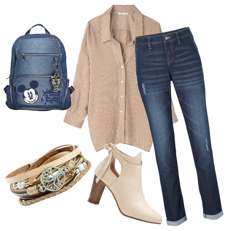 Outfit donna - Globetrotter. Stile Casual per Scuola/Università. Abbinamento con jeans boyfriend, braccialetti, stivaletti, camicie, zaini.