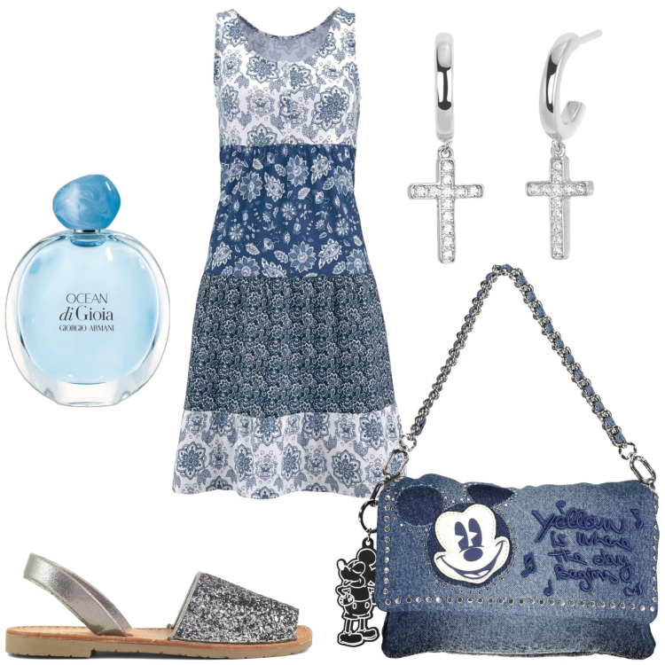 Outfit donna - Vestitino fresco per la giornata. Stile Trendy per Tutti i giorni. Abbinamento con vestiti corti, profumi, orecchini, sandali, borse a spalla.