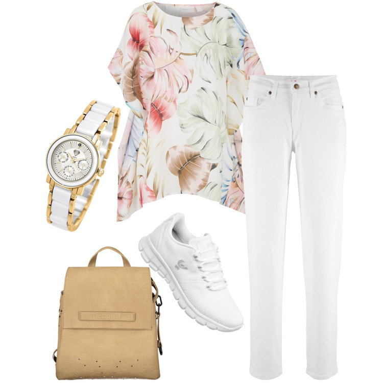 Outfit donna - I jeans bianchi. Stile Casual per Tutti i giorni. Abbinamento con jeans mom, tuniche, orologi, sneakers, zaini.