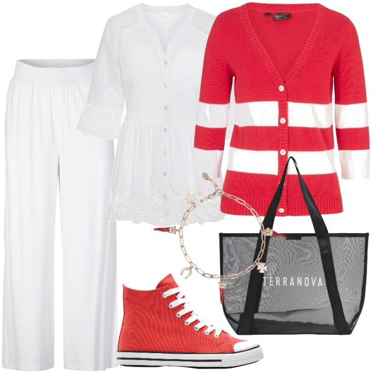 Outfit donna - Cardigan rosso a righe orizzontali. Stile Casual per Tutti i giorni. Abbinamento con pantaloni, cardigans, camicie, sneakers alte, shopping bag, braccialetti.