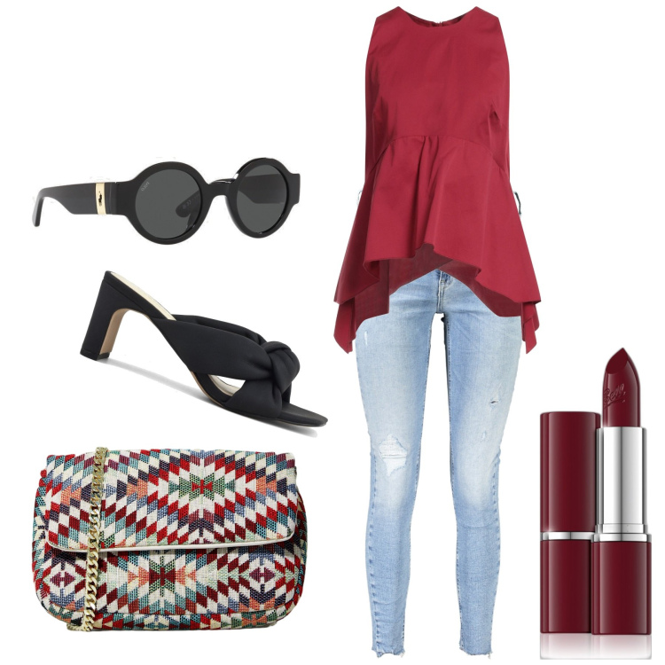 Outfit donna - Rosso carminio. Stile Casual chic per Tutti i giorni. Abbinamento con top, rossetti, pochette, occhiali da sole, jeans skinny, sandali col tacco.