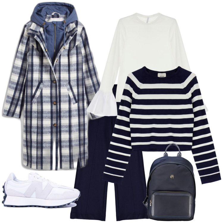 Outfit donna - Week end fuori porta. Stile Casual chic per Tutti i giorni. Abbinamento con cappotti, t-shirt, pullovers, pantaloni, sneakers, zaini.