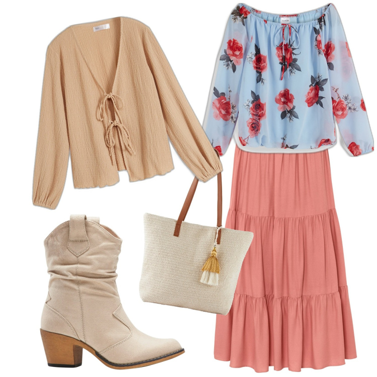 Outfit donna - Easter Bonprix. Stile Boho per Tutti i giorni. Abbinamento con gonne longuette, stivaletti texani, cardigans, bluse, shopping bag.