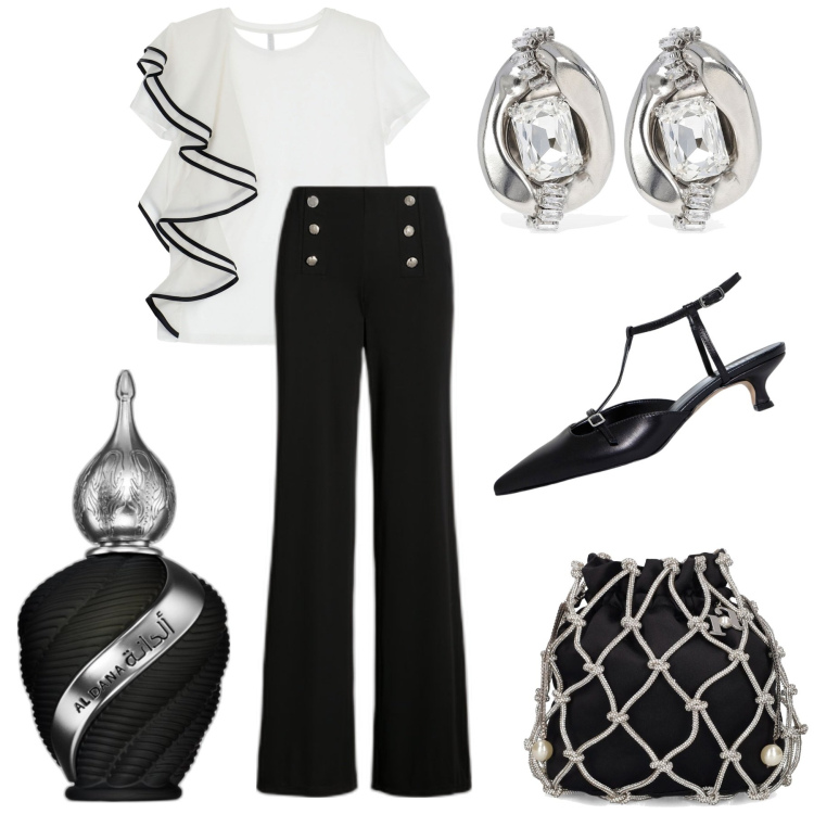 Outfit donna - Nero in prevalenza. Stile Chic per Serata fuori. Abbinamento con profumi, t-shirt, sandali col tacco, pantaloni, orecchini, pochette.