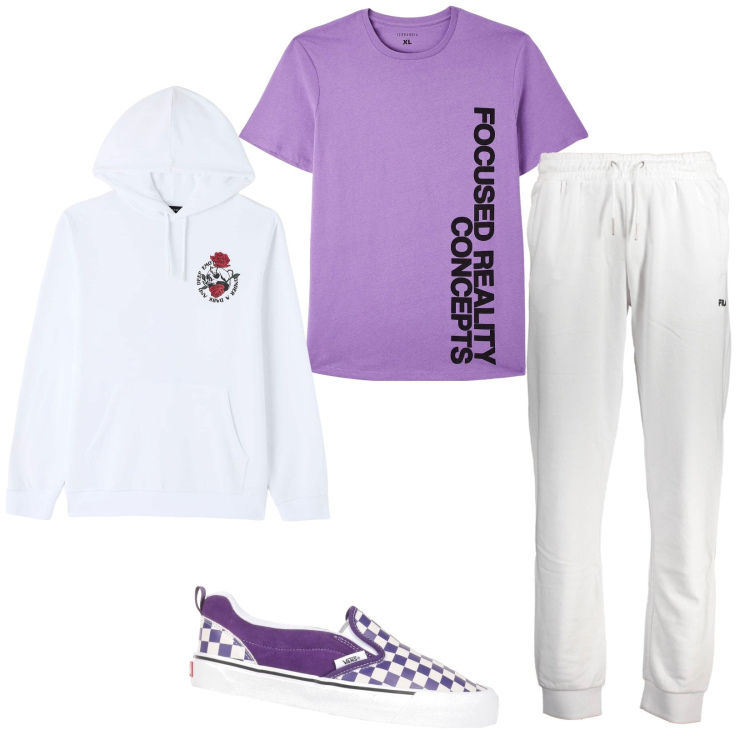 Outfit uomo - Originale. Stile Casual per Tutti i giorni. Abbinamento con sneakers, felpe con cappuccio, t-shirt, pantaloni.