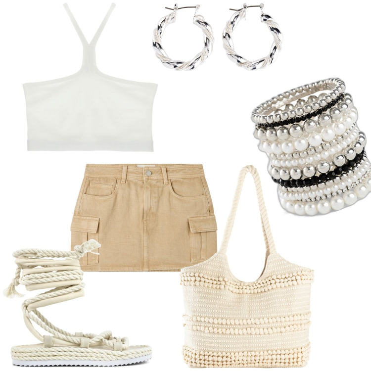 Outfit donna - In minigonna per la vita. Stile Glamour per Tutti i giorni. Abbinamento con braccialetti, orecchini, shopping bag, minigonne, top, sandali.