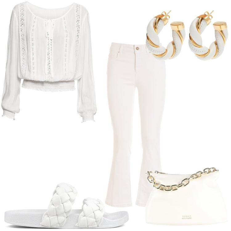 Outfit donna - In bianco per la domenica. Stile Glamour per Tutti i giorni. Abbinamento con bluse, borse a mano, orecchini, jeans, ciabatte.