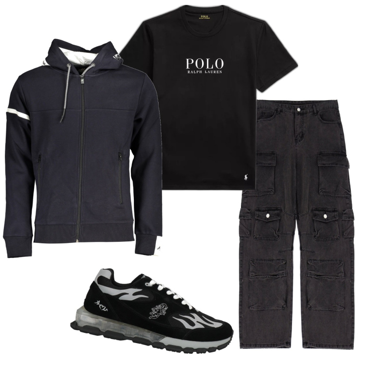 Outfit uomo - Total look #1844805. Stile Urban per Tutti i giorni. Abbinamento con sneakers, pantaloni cargo, t-shirt, felpe con cappuccio.