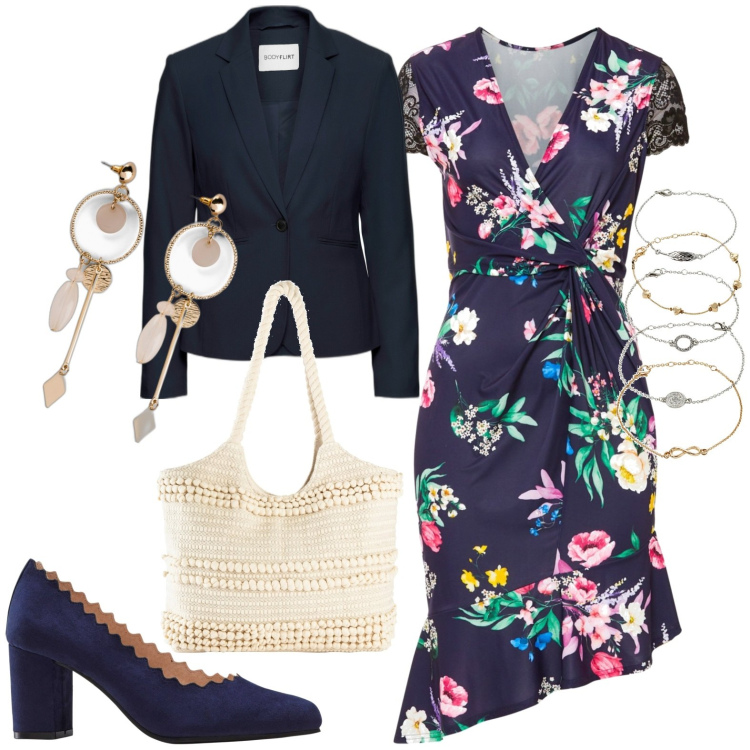 Outfit donna - chic. Stile Chic per Tutti i giorni. Abbinamento con blazer, braccialetti con ciondoli, orecchini, vestiti a tubino, décolleté, shopping bag.