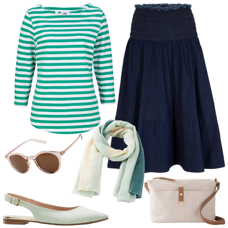 Outfit donna - Stile navy in verde. Stile Urban per Tutti i giorni. Abbinamento con occhiali da sole, maglieria, gonne, ballerine, sciarpe, borse a tracolla.