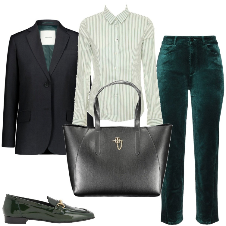 Outfit donna - Il verde e le sue sfumature. Stile Mannish per Ufficio. Abbinamento con pantaloni, mocassini, blazer, camicie, borse a spalla.