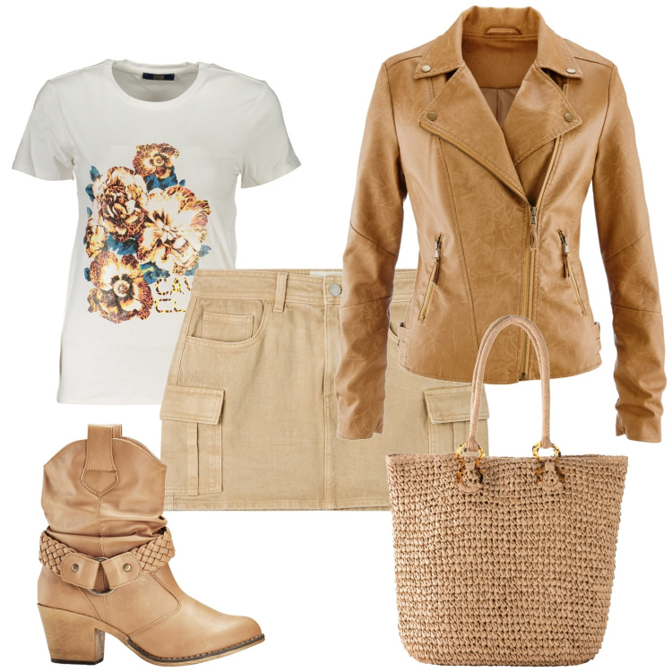 Outfit donna - Total look #1844819. Stile Casual per Tutti i giorni. Abbinamento con stivaletti texani, blazer, shopping bag, minigonne, t-shirt.