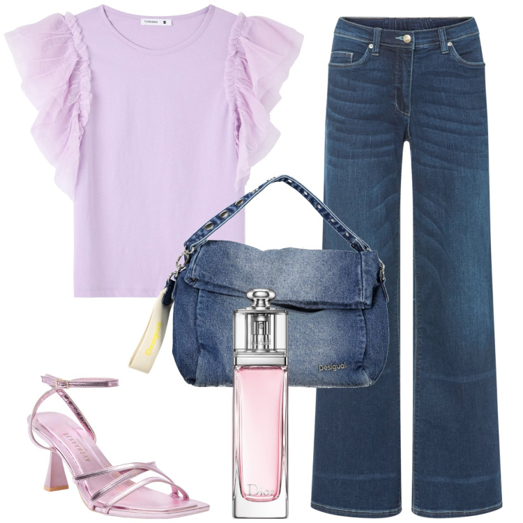 Outfit donna - Total look #1844829. Stile Casual chic per Tutti i giorni. Abbinamento con jeans, profumi, t-shirt, sandali col tacco, borse a spalla.