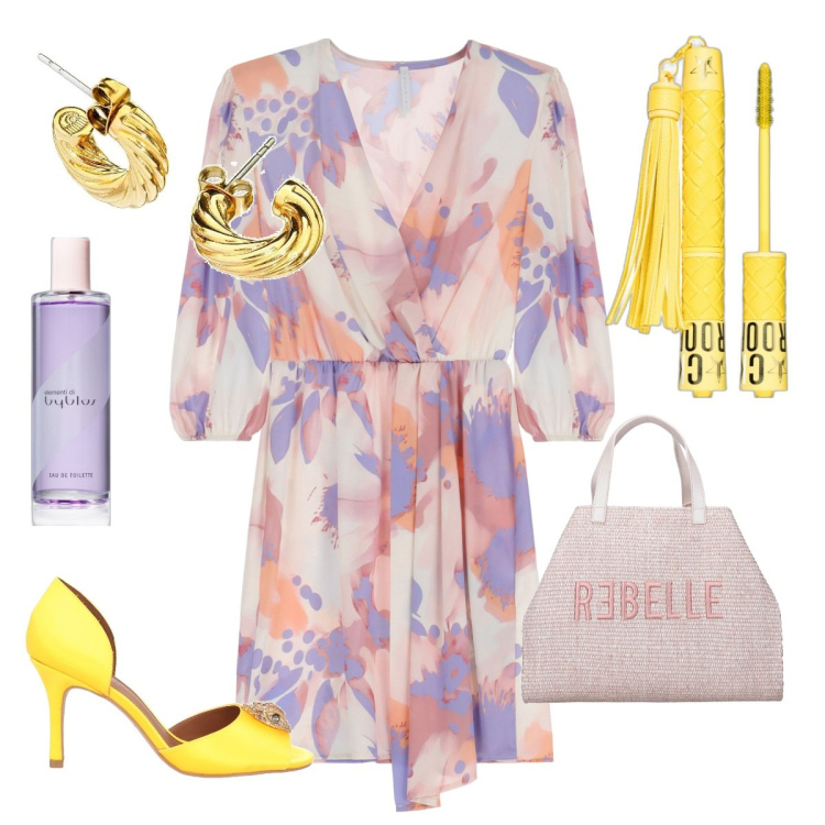 Outfit donna - Romantic vibes. Stile Glamour per Tutti i giorni. Abbinamento con orecchini, sandali col tacco, mascara, profumi, vestiti corti, shopping bag.