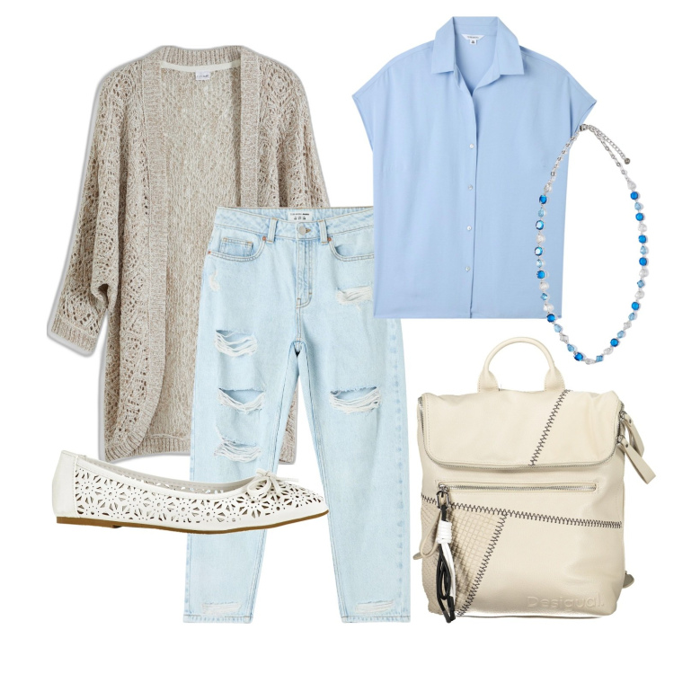 Outfit donna - Ghost outfitter - marzo. Stile Trendy per Ufficio. Abbinamento con cardigans, ballerine, camicie, jeans mom, zaini, collane.