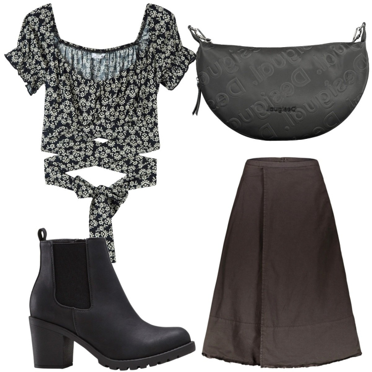 Outfit donna - Total look #1844863. Stile Trendy per Tutti i giorni. Abbinamento con stivaletti, bluse, gonne lunghe, borse a tracolla.