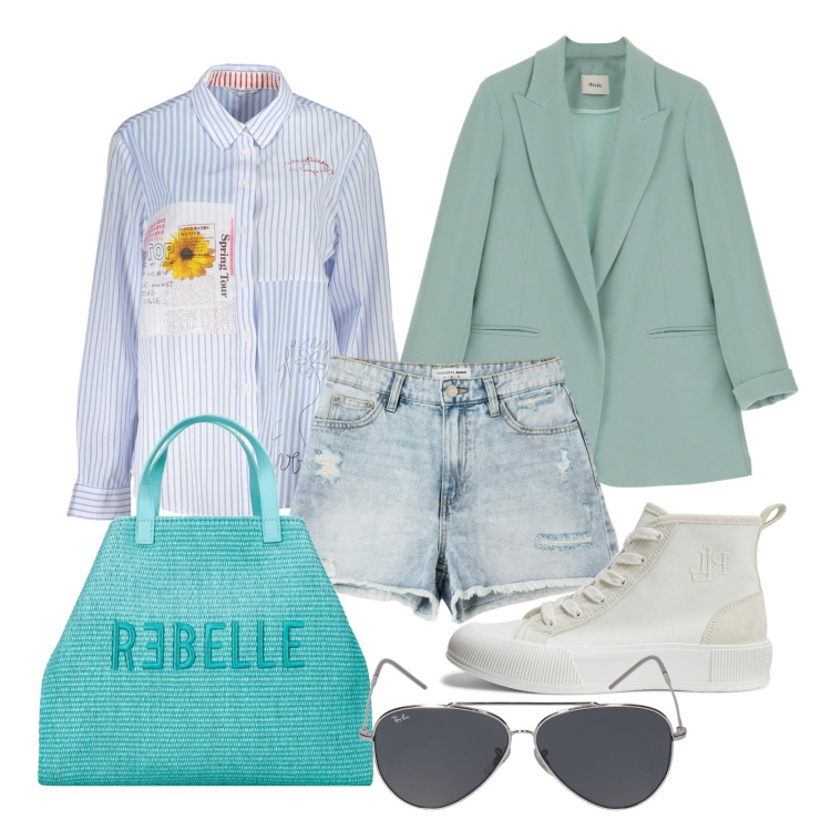 Outfit donna - Ghost outfitter - marzo. Stile Urban per Tutti i giorni. Abbinamento con sneakers alte, shorts, blazer, camicie, shopping bag, occhiali da sole.