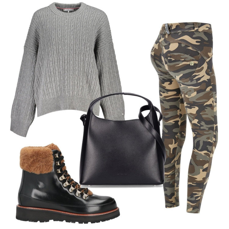 Outfit donna - Total look #1844870. Stile Military per Tutti i giorni. Abbinamento con stivaletti, pantaloni skinny, maglieria, borse a mano.