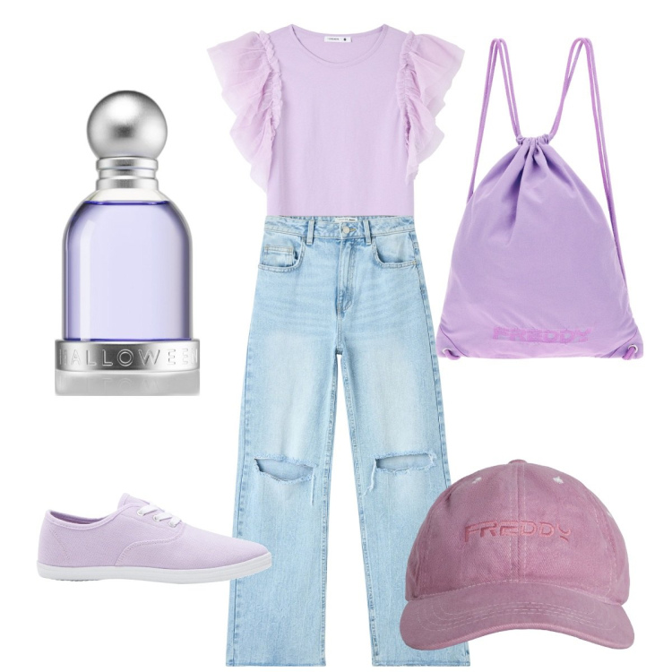 Outfit donna - Un giorno di sole. Stile Casual per Tutti i giorni. Abbinamento con sneakers, profumi, t-shirt, jeans strappati, zaini, cappelli.