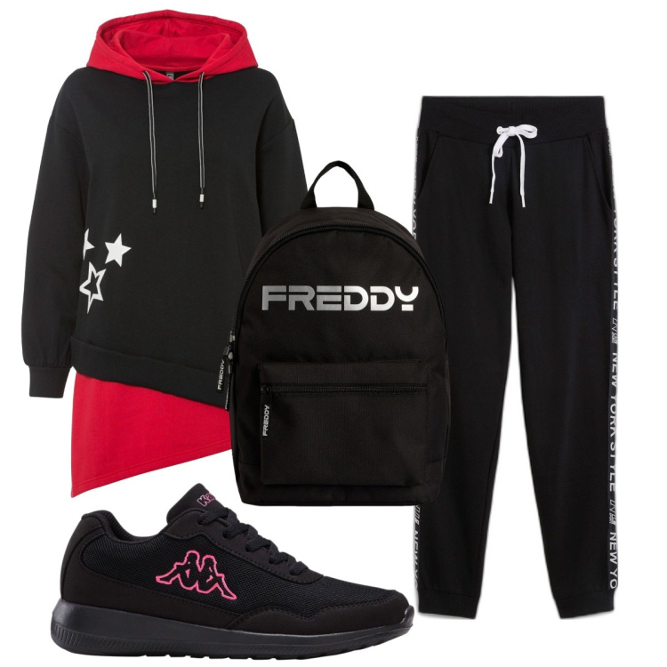 Outfit donna - Total look #1844887. Stile Basic per Sport. Abbinamento con pantaloni, felpe con cappuccio, sneakers, zaini.